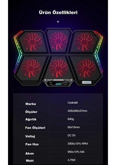 Coolcold Led K40 6 Fanlı 17 Inç Rgb Laptop Notebook Soğutucu Stan