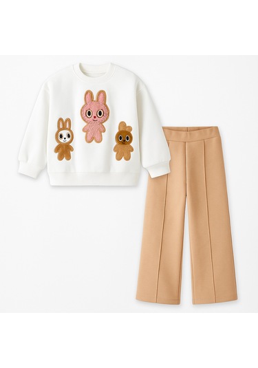 Kız Çocuk 3 İplik Şardonlu Peluş Baskı Detaylı Sweatshirt - Eşofman Alt Üst Takım 3riple Ekru