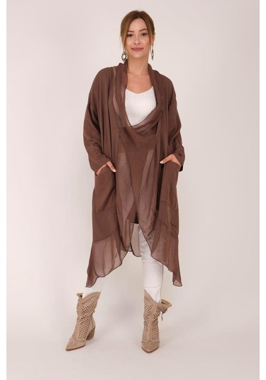 Italyan Ipek Detaylı Oversize Kaftan & Bluz-8711 Kahverengi