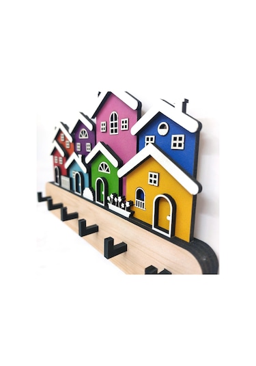 Cajuart Yanyana Renkli Evler Ahşap Dekoratif Duvar Askısı Anahtarlık Modern Dekor