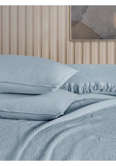 Jakar Daire Çift Kişilik Yatak Örtüsü Seti Açık Mavi Kutulu Mavi