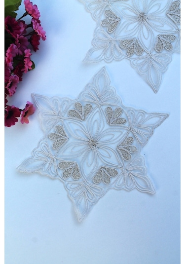 6 Adet Yıldız Motifli Krem Gold Simli Bardak Altlığı & Kokteyl Beyaz