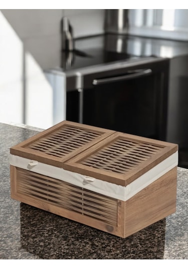 Ahşap 2 Kapaklı Ekmek Sepeti Yıkanabilir Kumaşlı Atlantik Çam Ahşap