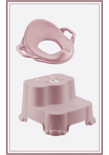 Flosoft Kaydırmaz Çift Basamaklı Çocuk Taburesi Ve Klozet Tuvalet Alıştırma Adaptörü 2'li Set Pembe