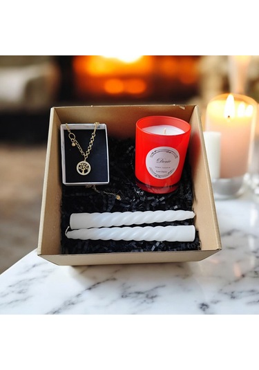 Denic Hediye Seti Kokulu Kırmızı Bardak Mum Yaşam Agacı Kolye Beyaz Burgulu Mum