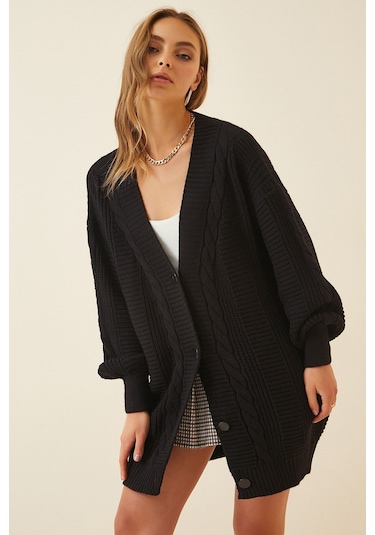 Gabria Düğmeli Örgülü Hırka Siyah