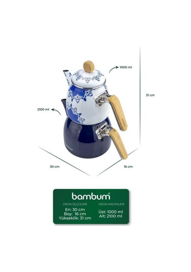 Bambum Unique - Bambu Kulplu Emaye Çaydanlık Takımı Lacivert