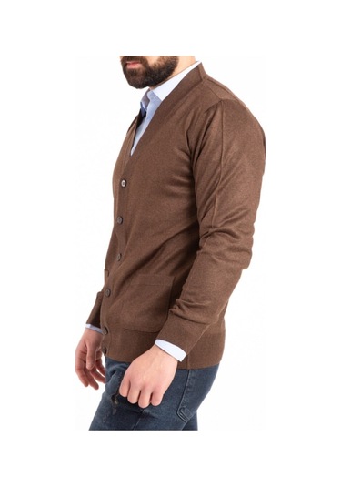 Nacar Store Erkek Düğmeli Ince Yün Triko Örme Baba Hırka Kahverengi