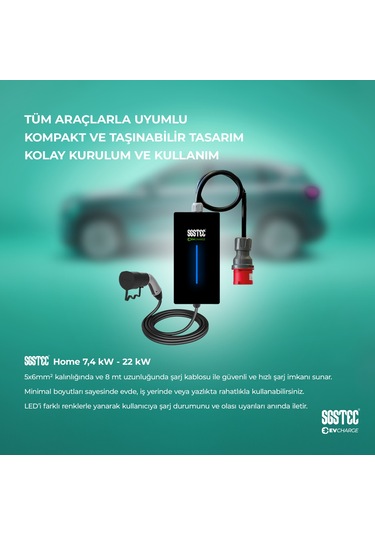 SGSTEC Home 22 KW 10 Metre Kablolu Elektrikli Araç Şarj Cihazı