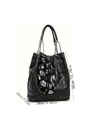 Eşarp Dekorlu Gotik Kafatası Kabartmalı Tote Çanta Siyah