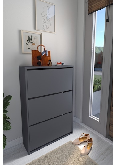 Bofigo Düşer Kapak Ayakkabılık Kayar Raflı Ayakkabılık 3 Bölmeli Ayakkabılık Melek Antrasit