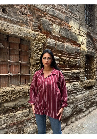 Bordo Çizgili Oversize Düğmeli Gömlek Bordo