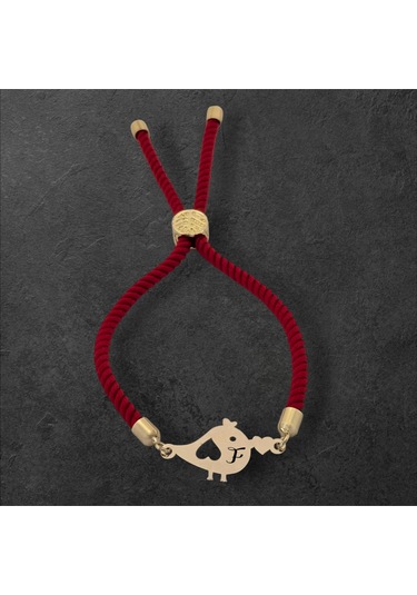 Archin F Harfine Özel Minik Kuş Motifli Kırmızı Örgülü 14 Ayar Altın Plakalı Hediye Bileklik-363harf F