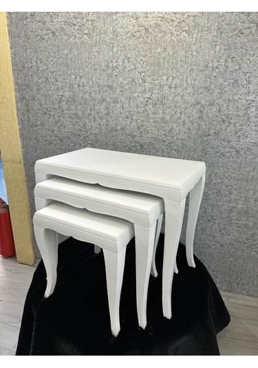 Ahşap Cilalı Beyaz Zigon Sehpa 3 Lü Set