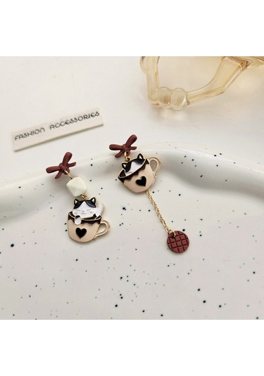 Skycity Asimetrik Kedi Ve Bardak Tasarımlı Şık Küpeler - Benzersiz Tarz İfadesi Diğer Çok Renkli