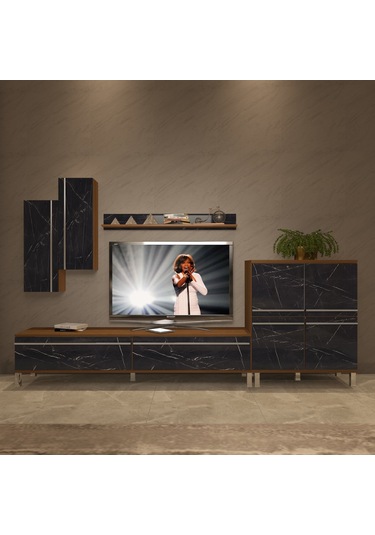 Decoraktiv Eko 6 Mdf Std Krom Ayaklı Tv Ünitesi Tv Sehpası Ceviz - Siyah Mermer