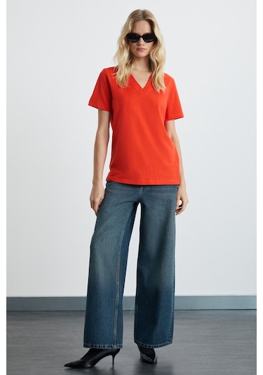 GRIMELANGE Alıne Kadın %100 Organik Pamuk Derin V Yakalı Comfort Fit Kırmızı T-shirt Kırmızı