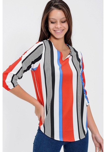 Kadın Kırmızı Yakası Yırtmaçlı Krep Bluz Truvakar Kol Çizgili Ve Giy Çık - Tesettüre Uygun Kırmızı