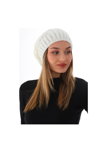 Kadın Kalın Ekru Örgü Ponponlu Bere Ekru