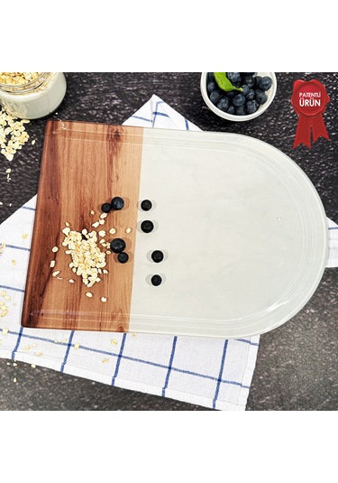 Kanallı Cam Kesme Tahtası - Kenarı Ahşap - Kenarı Oval - 25x35cm