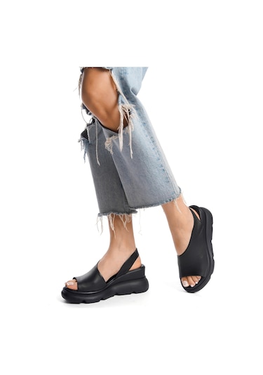 Elit Lyna Kadın Hakiki Deri Dolgu Topuk Sandalet Siyah Siyah