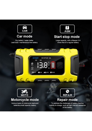 Tenfowee E-fast Akıllı Renkli Ekranlı Şarj Cihazı: 12v/24v 10a Otomobil Ve Motosiklet Aküleri İçin Çok Fonksiyonlu Sarj Aleti