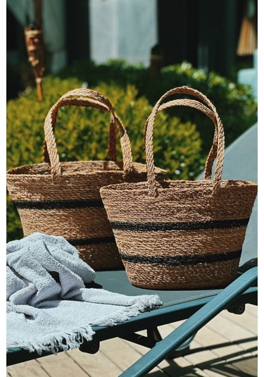 Orta Boy %100 Natural Bodrum Siyah Hasır Şeritli Plaj Ve Pazar Çantası Siyah
