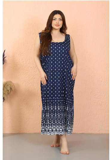 Akbeniz Kadın Büyük Beden Kalın Askılı Yırtmaçlı Gecelik 12103-lacivert Lacivert