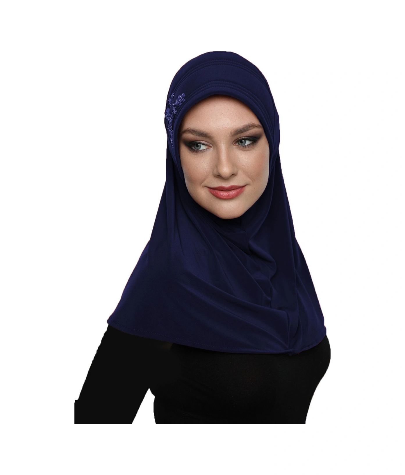 Takmatik Taşlı El Işi Boncuk Işlemeli Lacivert Hazır Türban Tesettür Bone Namaz Örtüsü Lacivert