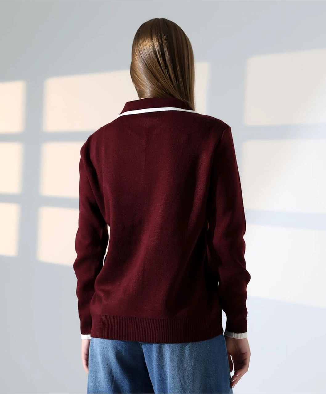 Baklava Desen Polo Yaka Kadın Kazak Bordo