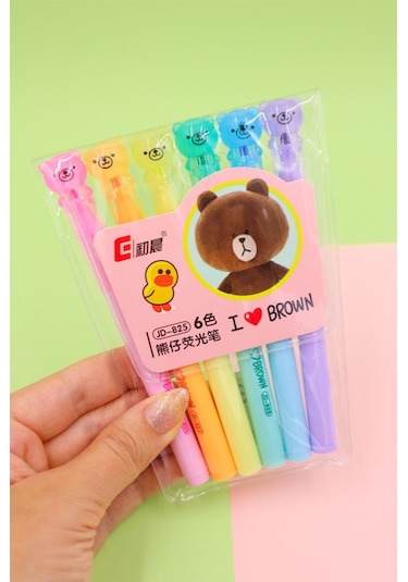 Ayıcık Figürlü 6'lı Fosforlu Kalem Seti Çok Renkli