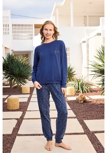 Aydoğan Kadın Asya Termal Leopar Lacivert Pijama Takım 0491 Koyu Mavi