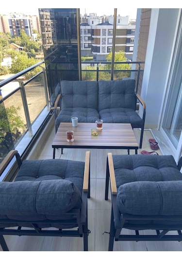 Modern Jüpiter Balkon, Bahçe, Cafe - Salon - Metal Kanepe Koltuk Takımı - 2+1+1 + Sehpa Antrasit Modernsh57 Antrasit