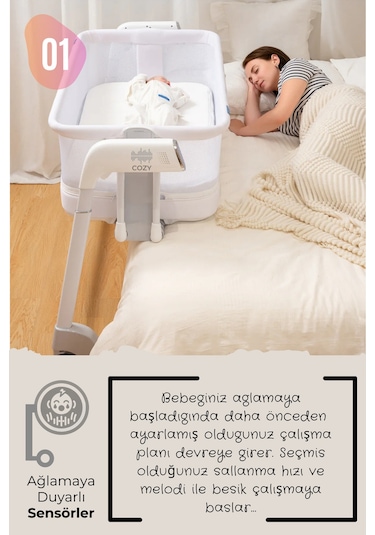Kiwi Cozy Premium 3in1 Ağlamaya Duyarlı Anne Yanı Beşik, Park Yatak White Noise İle Kesintisiz Uyku