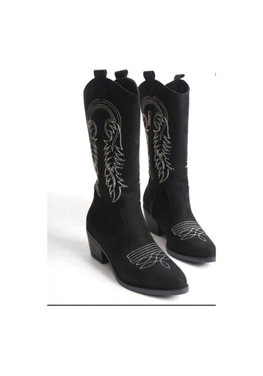 Kovboy Kanvas Western Tarz Sivri Bot Siyah-beyaz