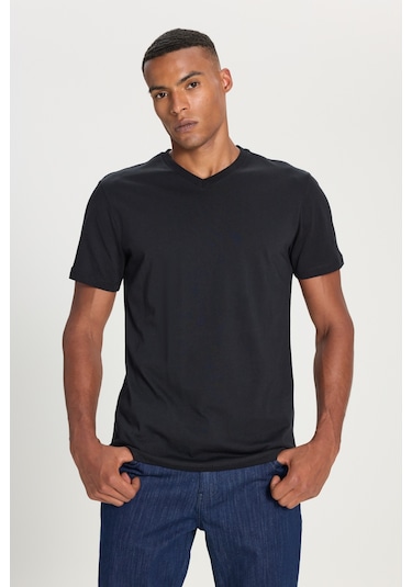 Ac&Co / Altınyıldız Classics Dar Kesim V Yaka Pamuklu Erkek Tişört Siyah