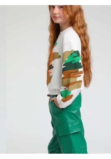 Kız Çocuk Arı Maya Baskılı Kamuflaj Sweatshirt-13654 Beyaz