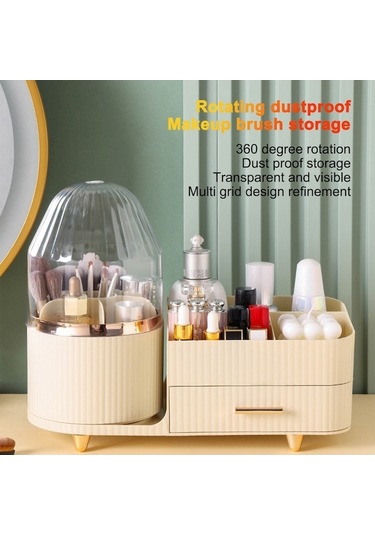 Novahub Adet Kapaksız Küçük Çekmeceli, Döndürülebilir Bölme Tasarımına Sahip Kozmetik Saklama Kutusu Krem Beyaz Bej Bej