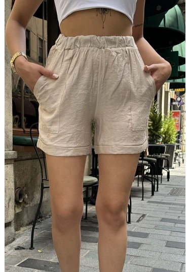 WeShaya Kadın Bej Beli Lastikli, Cepli, Duble Paça, Kısa Keten Şort Bej
