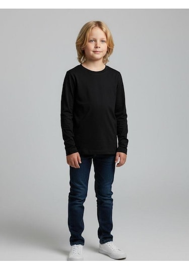 Zekids Erkek Çocuk Pamuklu Uzun Kol Basic T-shirt-16713 SIYAH