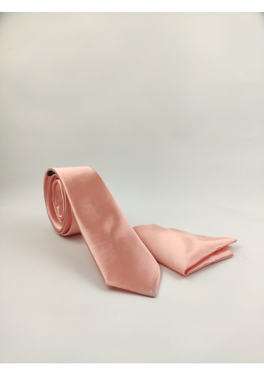 Demfashion Saten Parlak Slim Kravat Mendil Seti Somon