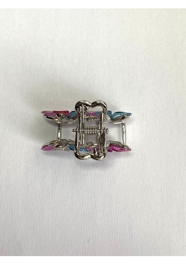 Karışık Renkli Taşlı Çiçek Gümüş Detaylı Metal Mandal Toka 4 Cm Çok Renkli