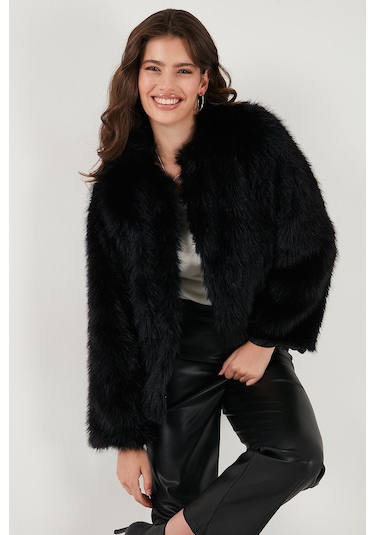 Lela Oversize Fit Yuvarlak Yaka Astarlı Kısa Bayan Kürk 6810266 Siyah