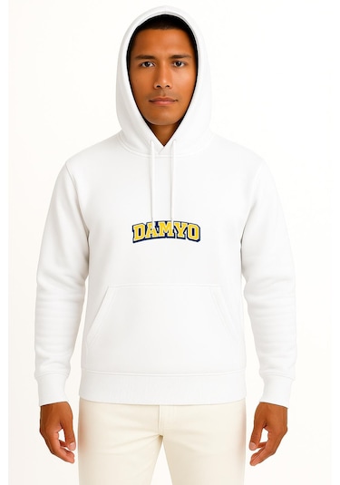 Bahriyeli Collection Kapüşonlu Damyo Göğüs Baskılı Unisex Sweatshirt Beyaz