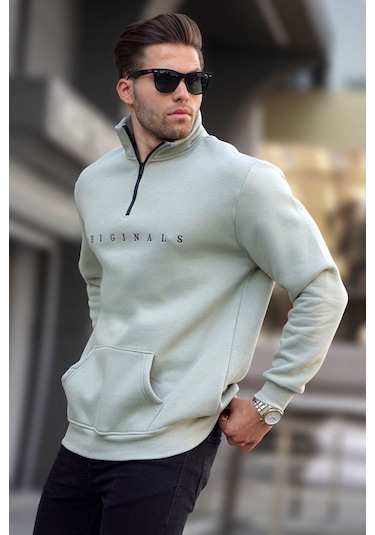 Madmext Mint Yeşili Fermuar Yaka Nakışlı Sweatshirt 6028-mint Yeşili Mint