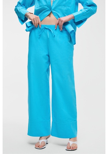Melancholı Kadın %100 Pamuk Keten Görünüm Flamlı Geniş Paça Yüksek Bel Lastikli Turkuaz Pantolon
