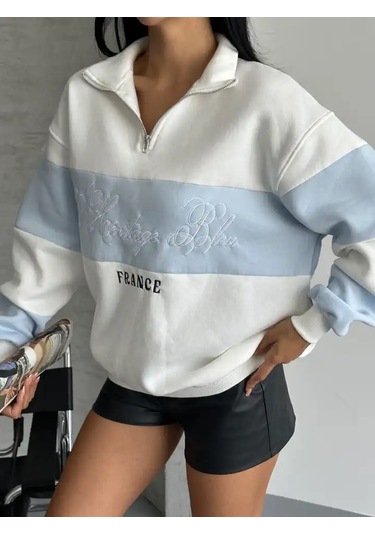 Yarım Fermuar Ikı Renklı Sweat Mavi