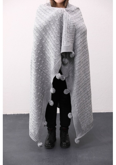 Biocotton Triko Ponponlu Örgü Tv Battaniyesi - Gri