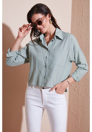 Lela Pamuk Ve Keten Karışımlı Regular Fit Önü Kısa Arkası Uzun Bayan Gömlek 6772867 Çağla