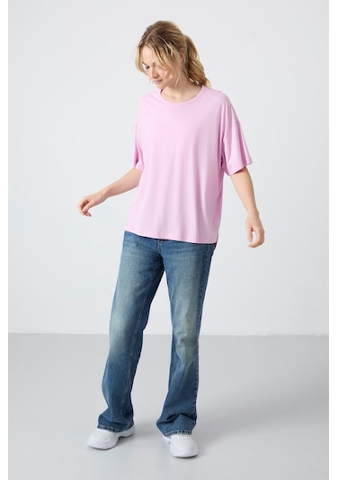 Tommy Life Pembe Penye Modal Yumuşak Tuşeli Oversize Fit Basic Kadın T-shirt- 97285 Pembe